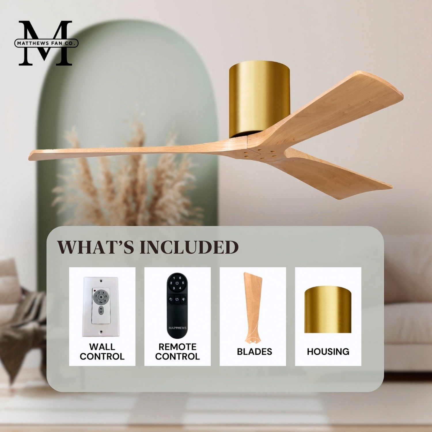 Irene.3H 42"W 3 Blade Brushed Brass Paddle Fan w/ Light Maple Blades