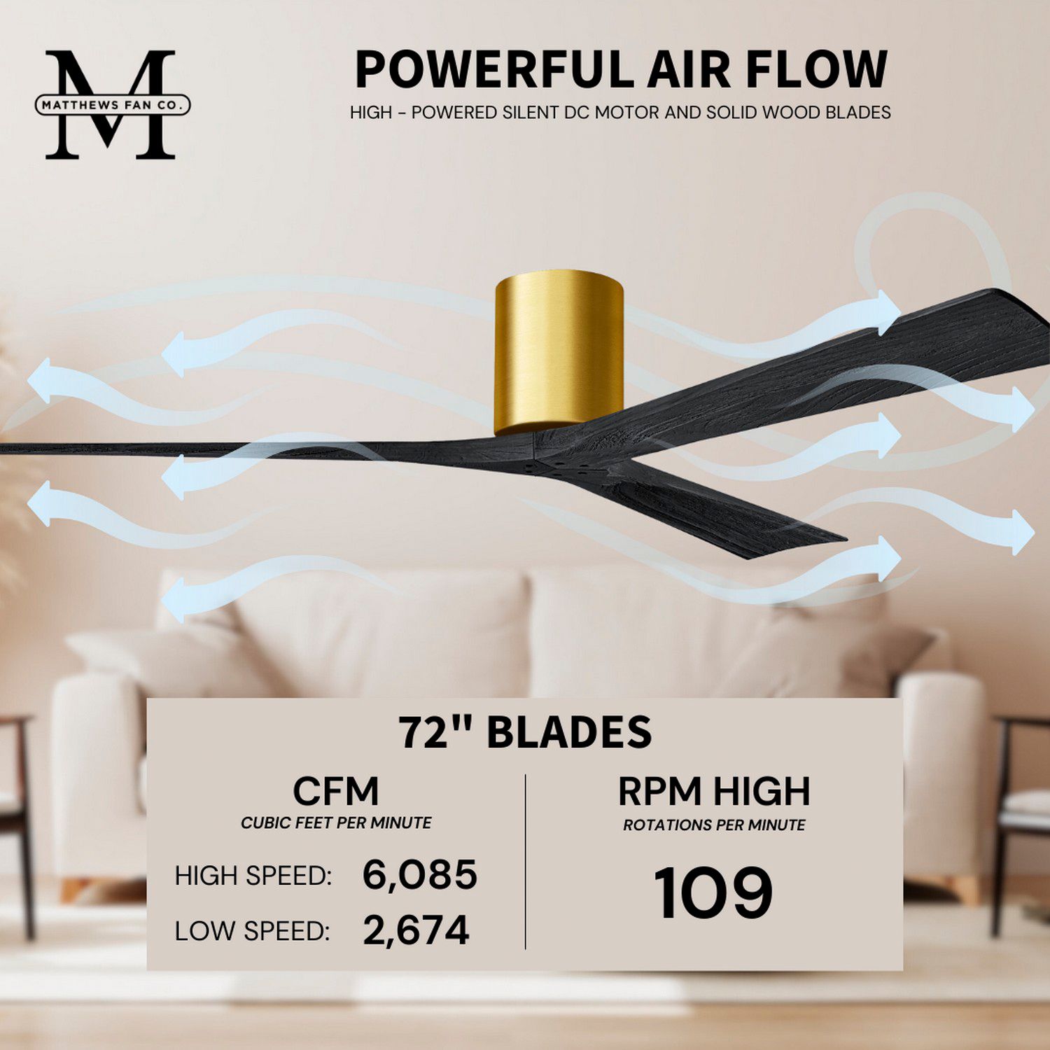 Irene.3H 42"W 3 Blade Brushed Brass Paddle Fan w/ Matte Black Blades