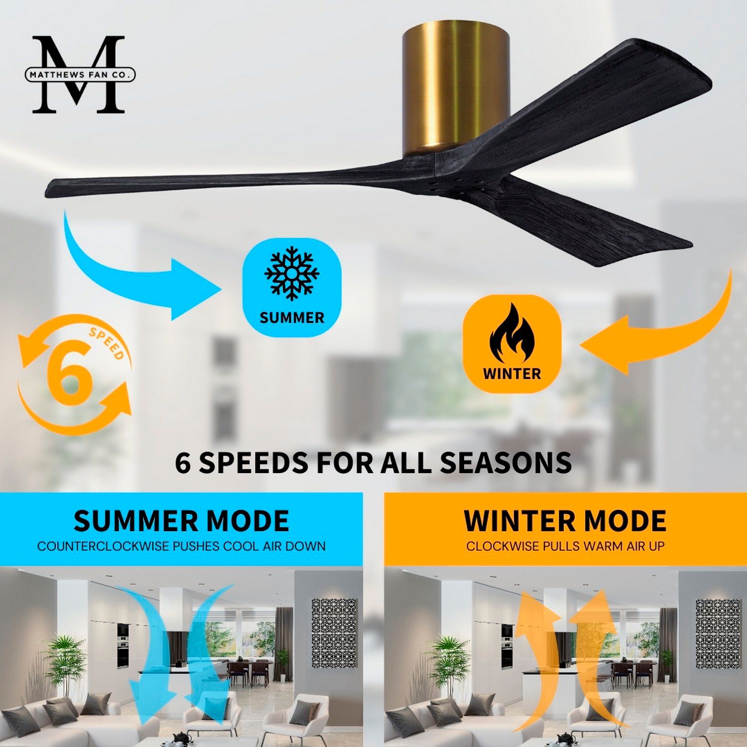 Irene.3H 42"W 3 Blade Brushed Brass Paddle Fan w/ Matte Black Blades