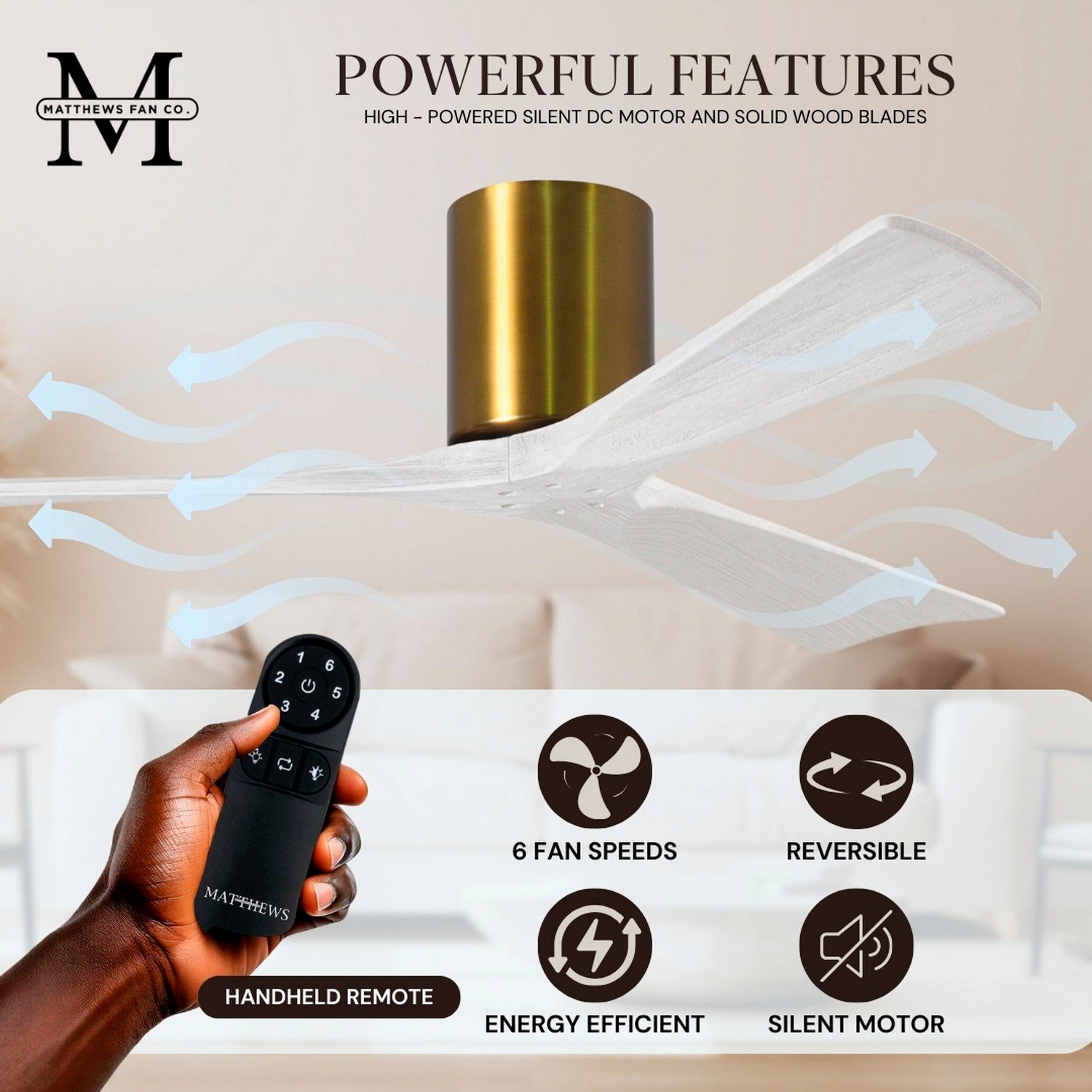 Irene.3H 42"W 3 Blade Brushed Brass Paddle Fan w/ Matte White Blades