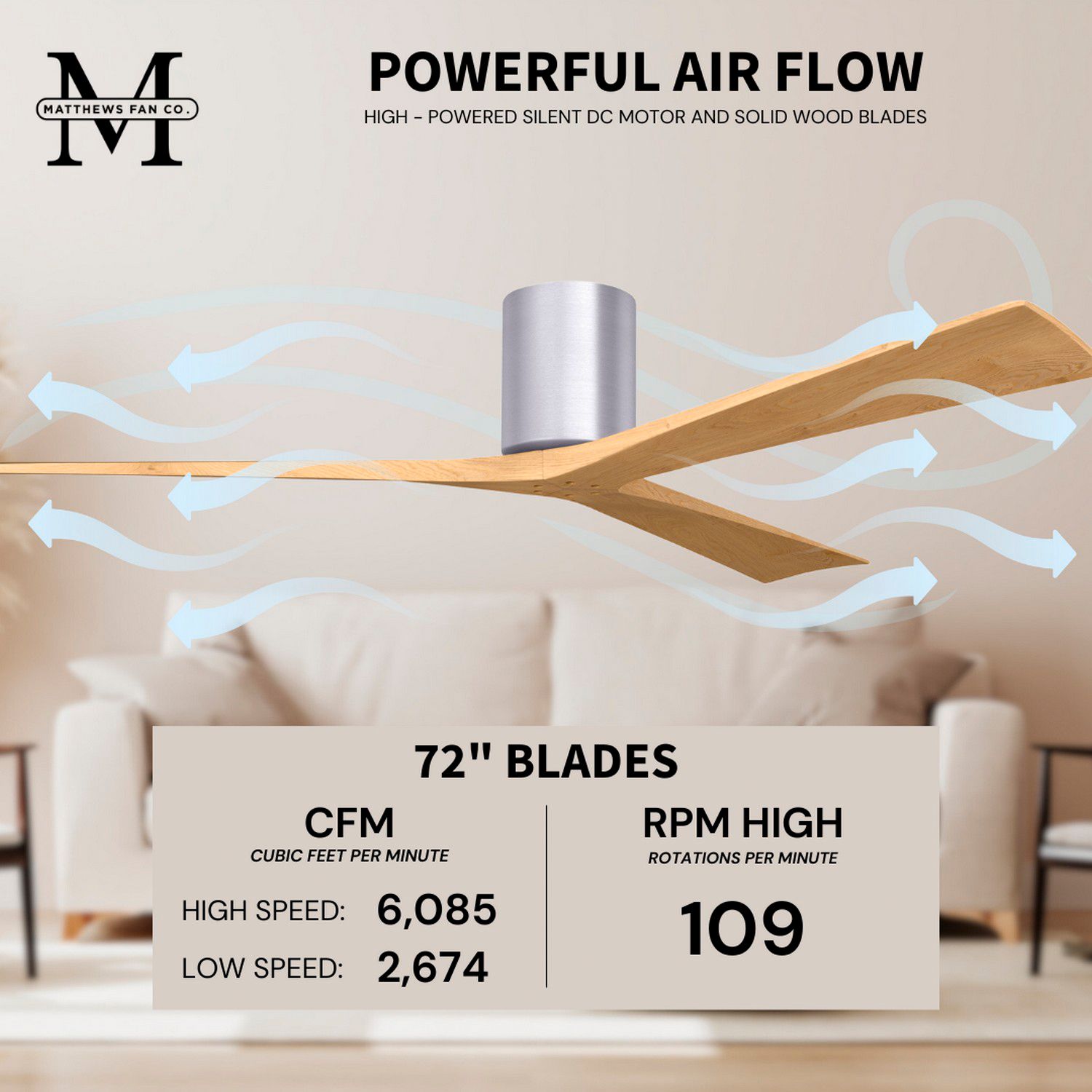 Irene.3H 42"W 3 Blade Brushed Nickel Paddle Fan w/ Light Maple Blades