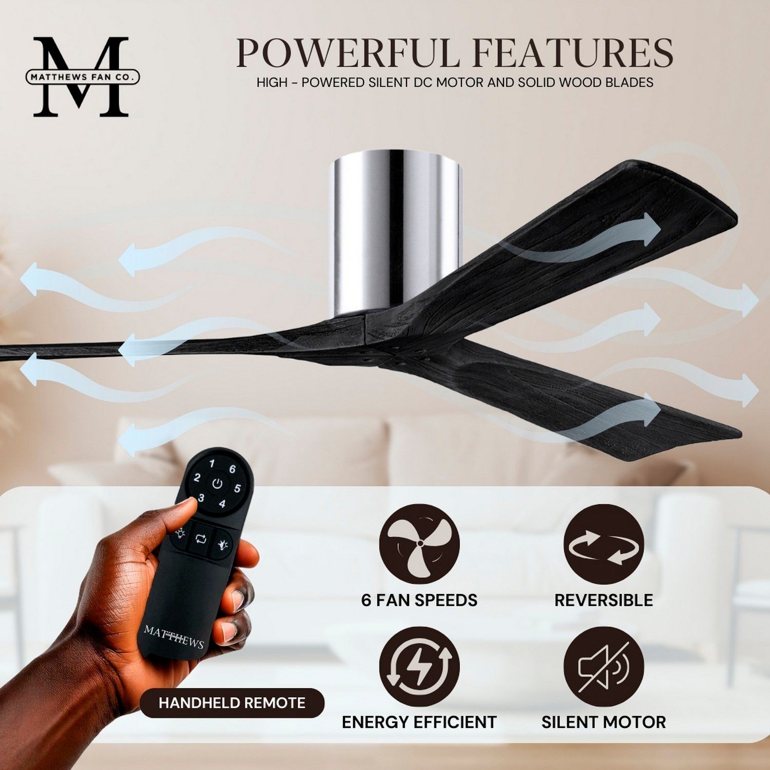 Irene.3H 42"W 3 Blade Polished Chrome Paddle Fan w/ Matte Black Blades