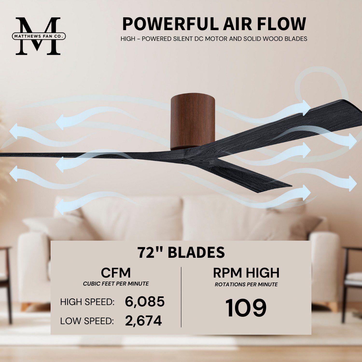 Irene.3H 42"W 3 Blade Walnut Paddle Fan w/ Matte Black Blades