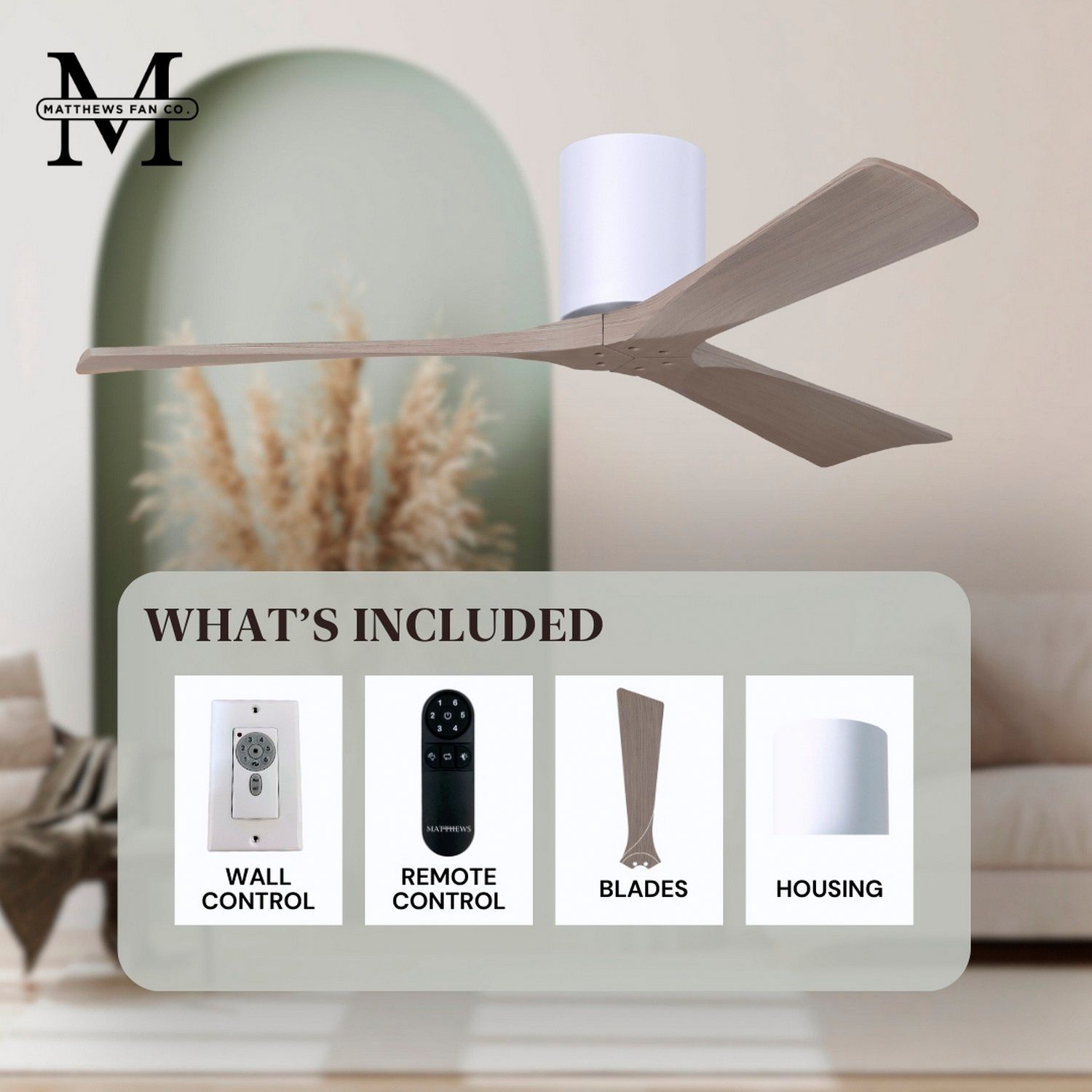 Irene.3H 48"W 3 Blade Gloss White Paddle Fan w/ Gray Ash Tone Blades