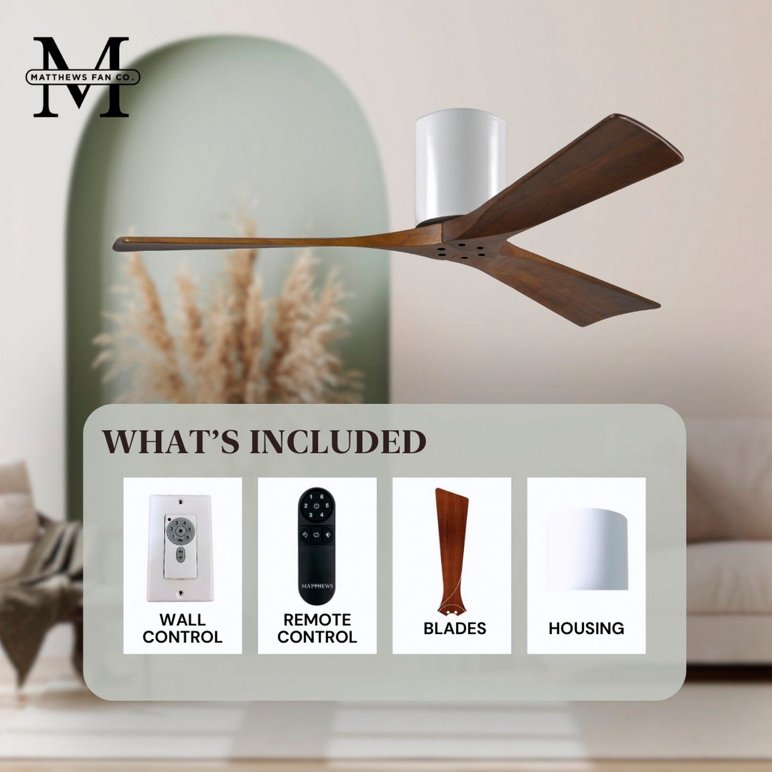 Irene.3H 48"W 3 Blade Gloss White Paddle Fan w/ Walnut Tone Blades