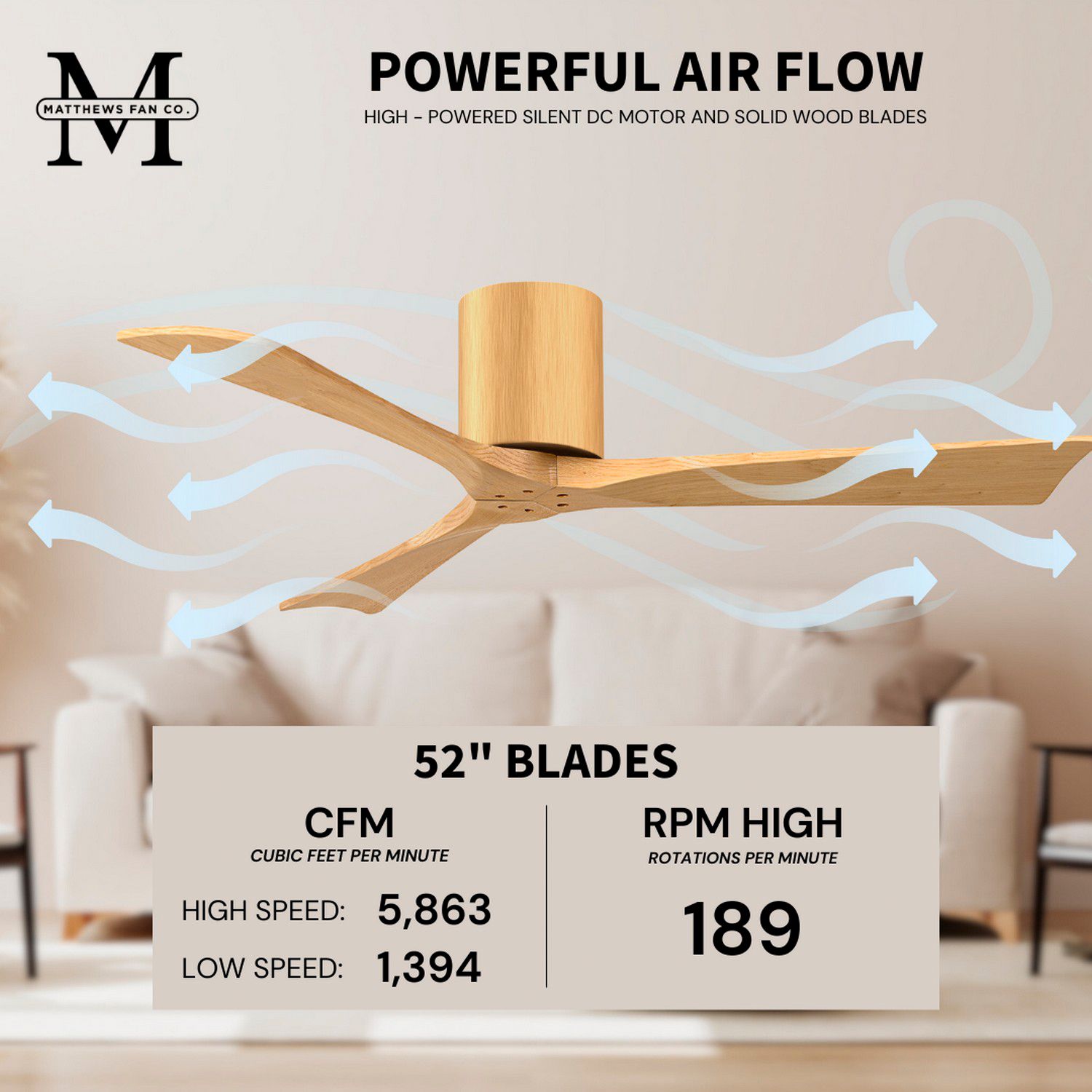 Irene.3H 48"W 3 Blade Light Maple Paddle Fan w/ Light Maple Blades