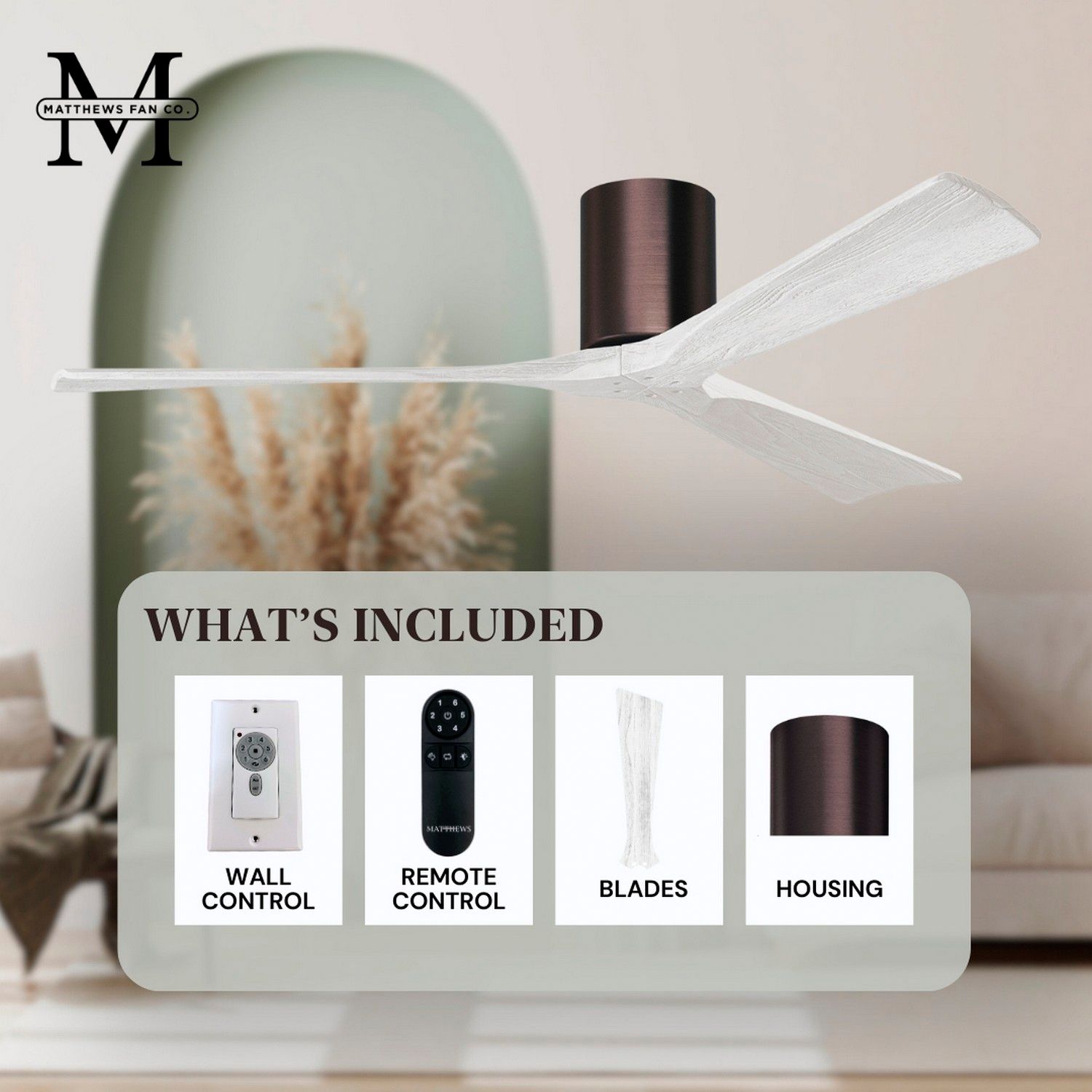 Irene.3H 52"W 3 Blade Brushed Bronze Paddle Fan w/ Matte White Blades