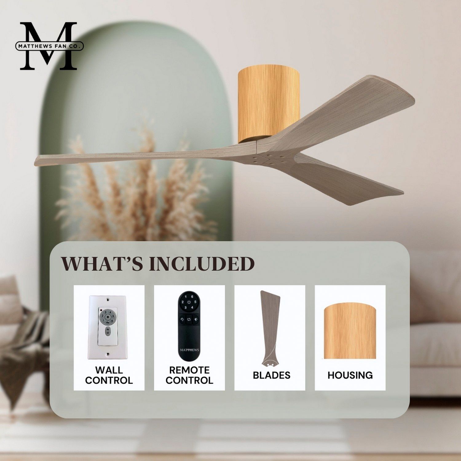 Irene.3H 52"W 3 Blade Light Maple Paddle Fan w/ Gray Ash Tone Blades