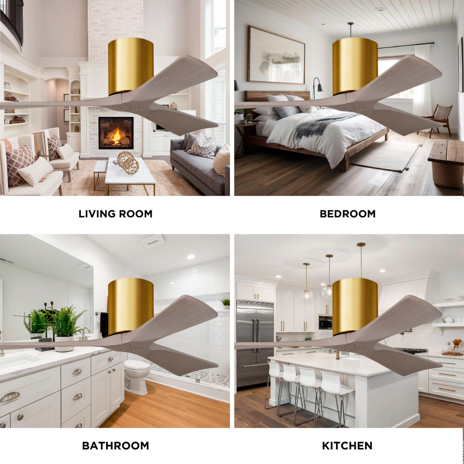 Irene.3H 60"W 3 Blade Brushed Brass Paddle Fan w/ Gray Ash Tone Blades