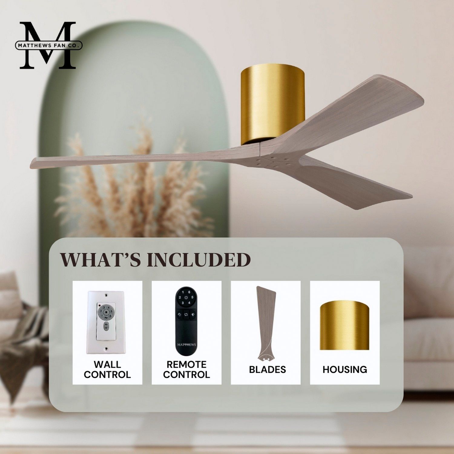 Irene.3H 60"W 3 Blade Brushed Brass Paddle Fan w/ Gray Ash Tone Blades