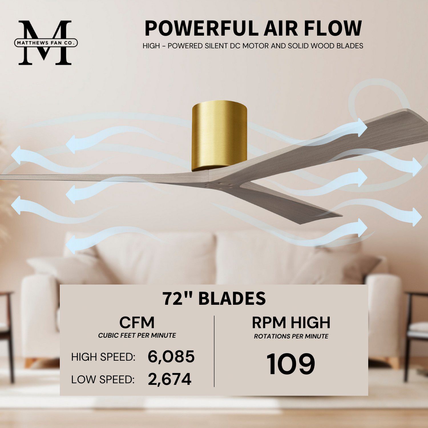 Irene.3H 60"W 3 Blade Brushed Brass Paddle Fan w/ Gray Ash Tone Blades