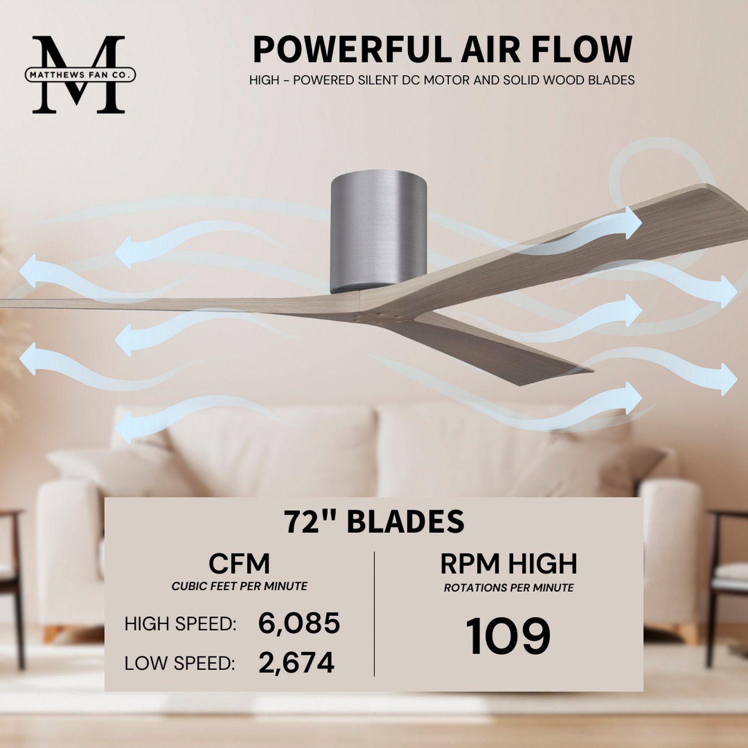Irene.3H 60"W 3 Blade Brushed Pewter Paddle Fan w/ Gray Ash Tone Blade