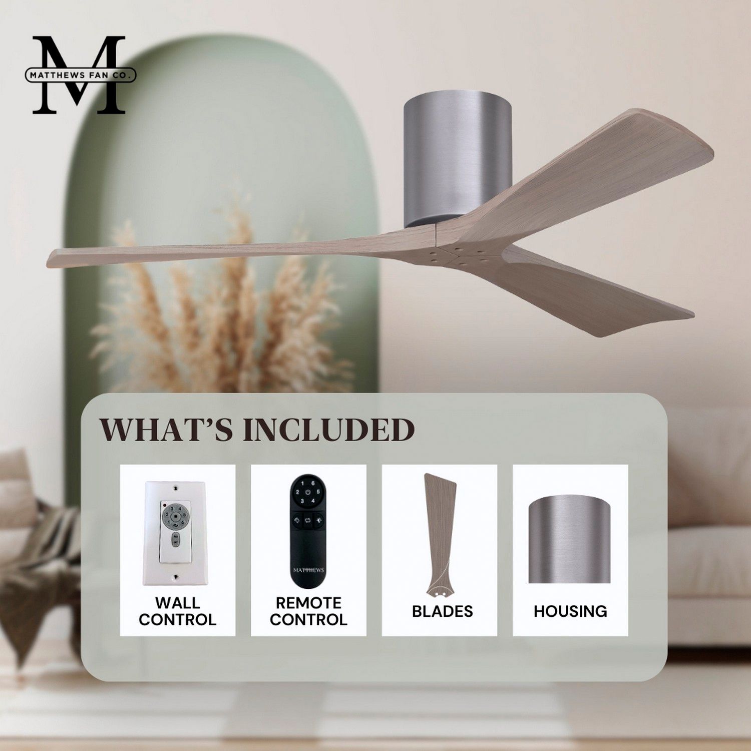 Irene.3H 60"W 3 Blade Brushed Pewter Paddle Fan w/ Gray Ash Tone Blade