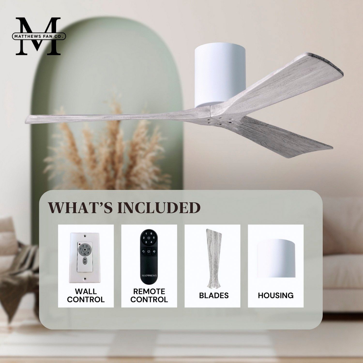 Irene.3H 60"W 3 Blade Gloss White Paddle Fan w/ Barn Wood Tone Blades