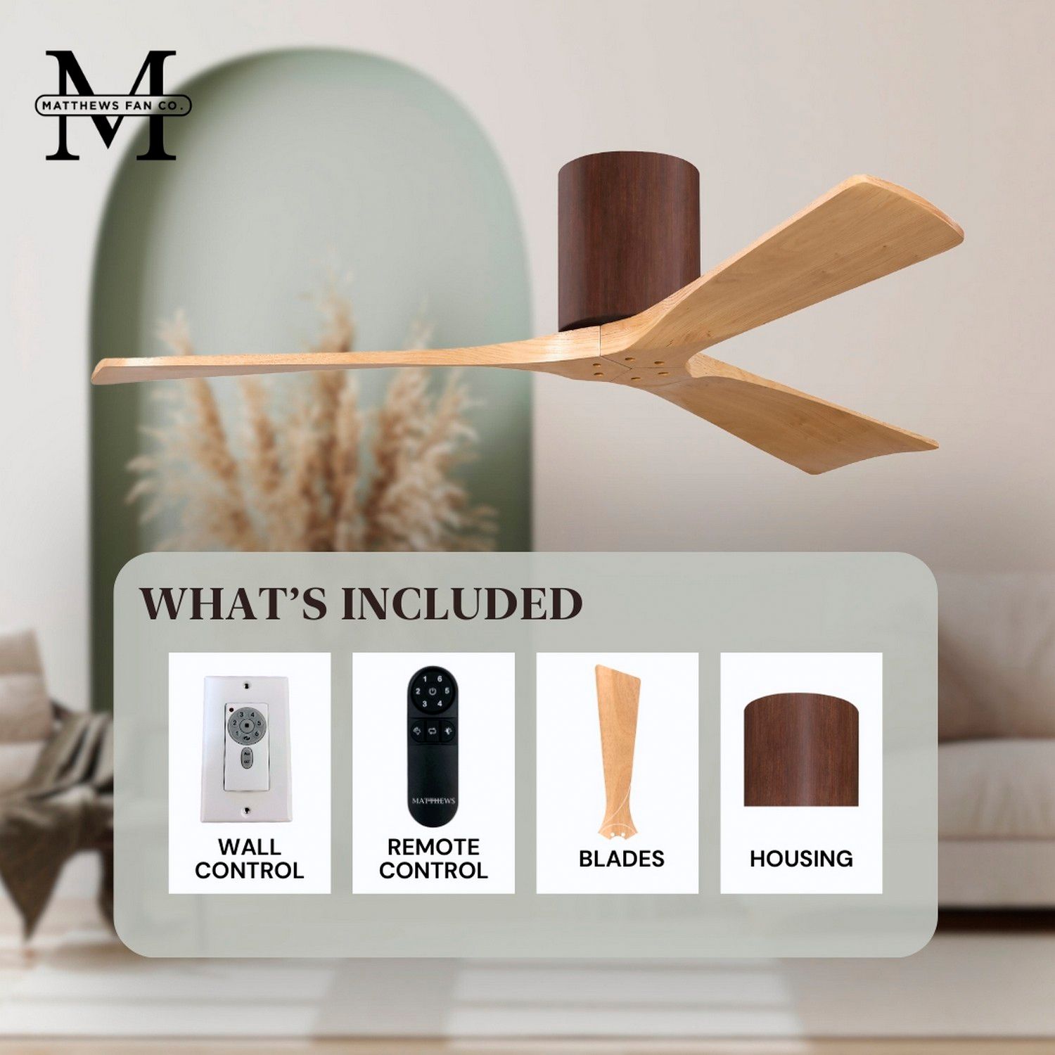 Irene.3H 60"W 3 Blade Walnut Paddle Fan w/ Light Maple Blades