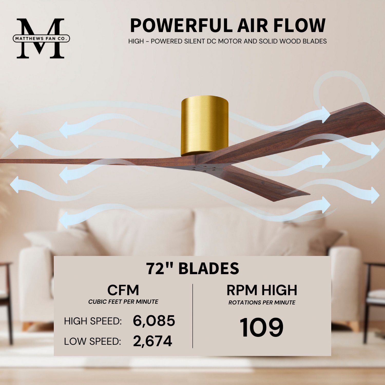 Irene-3H 72"W 3 Blade Brushed Brass Fan w/ Walnut Tone Blades