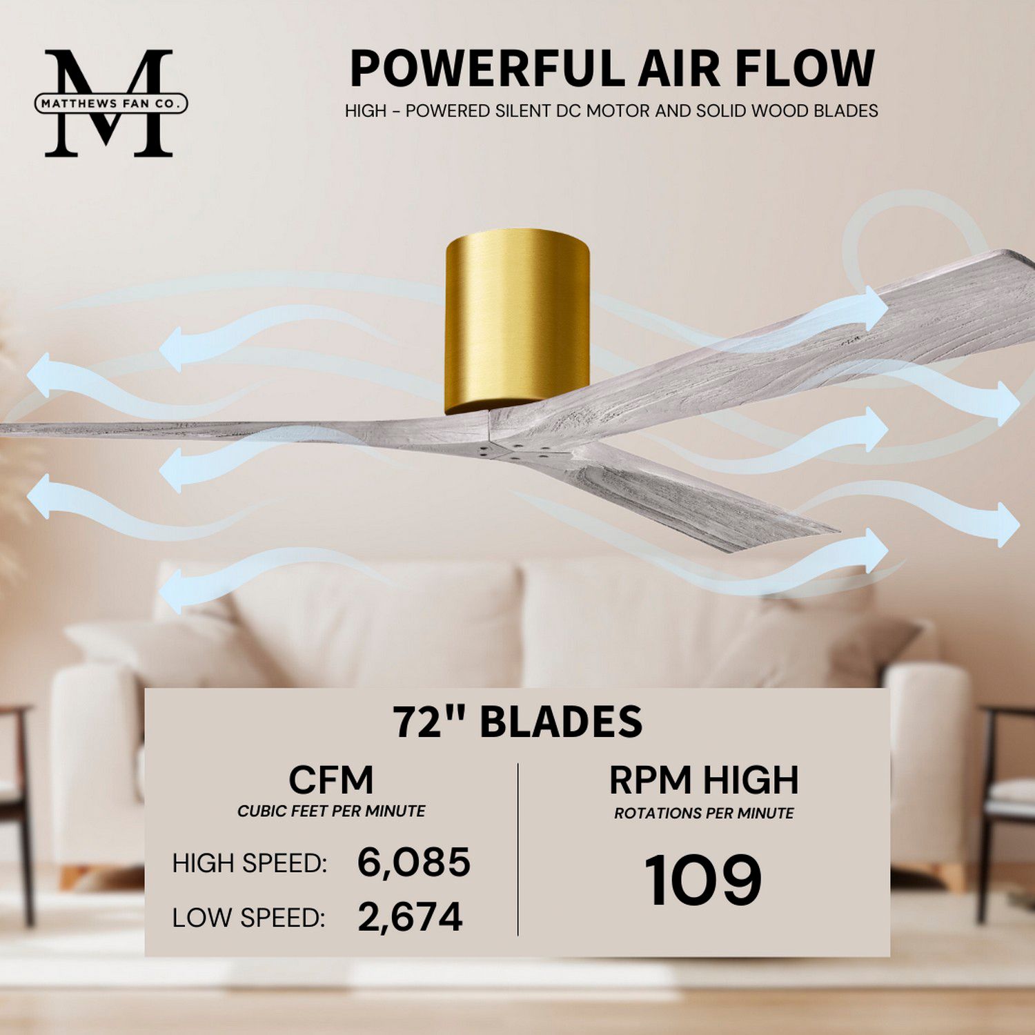 Irene.3H 72"W 3 Blade Brushed Brass Paddle Fan w/ Barn Wood Tone Blade