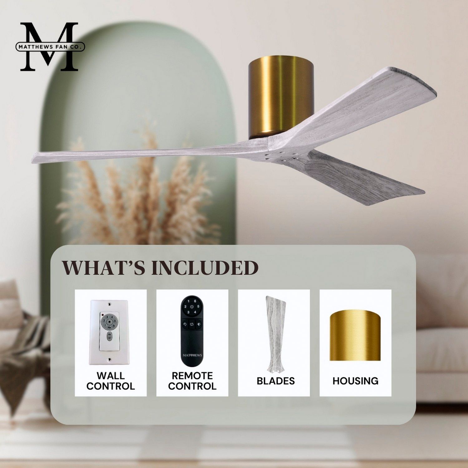 Irene.3H 72"W 3 Blade Brushed Brass Paddle Fan w/ Barn Wood Tone Blade