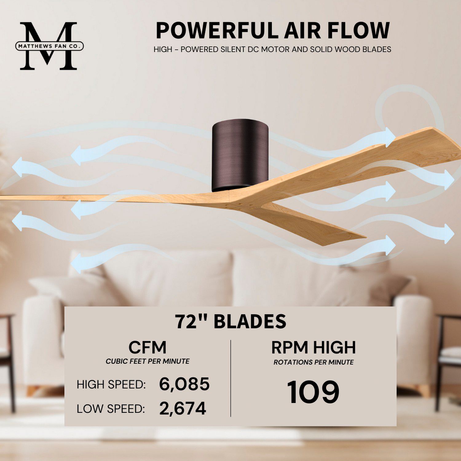 Irene.3H 72"W 3 Blade Brushed Bronze Paddle Fan w/ Light Maple Blades