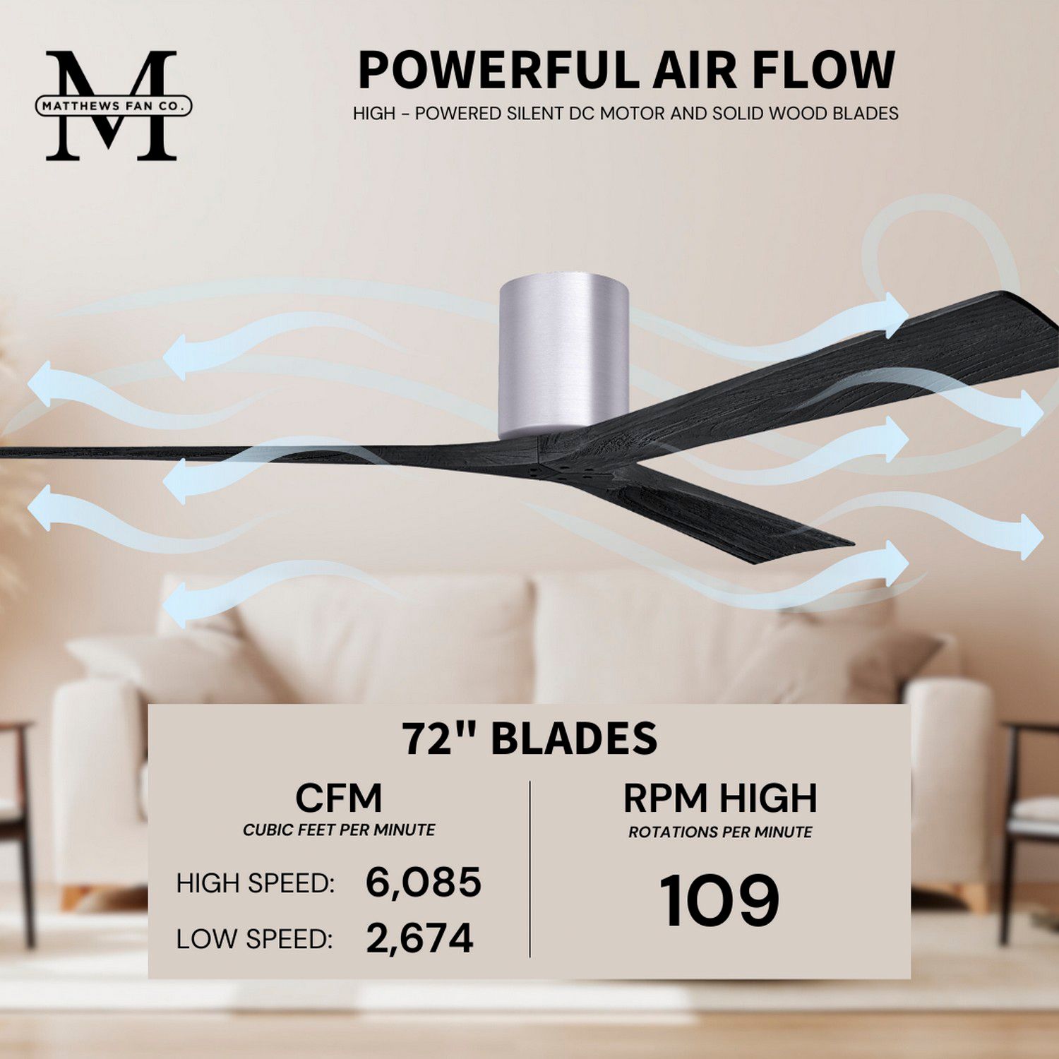 Irene.3H 72"W 3 Blade Brushed Nickel Paddle Fan w/ Matte Black Blades