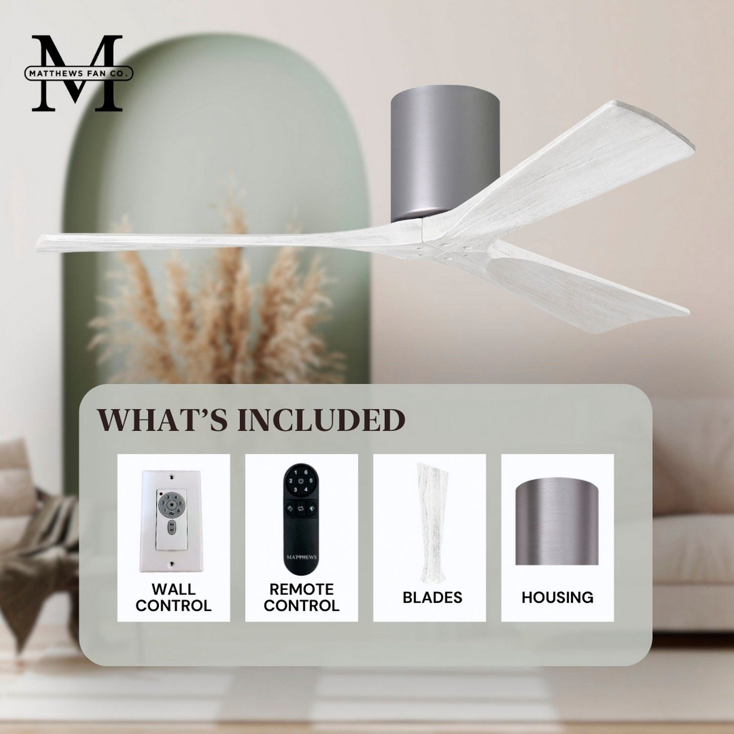 Irene.3H 72"W 3 Blade Brushed Nickel Paddle Fan w/ Matte White Blades