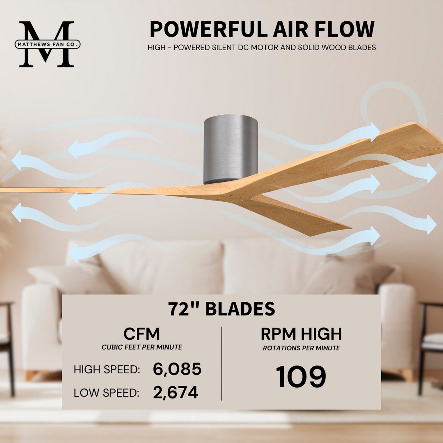 Irene.3H 72"W 3 Blade Brushed Pewter Paddle Fan w/ Light Maple Blades