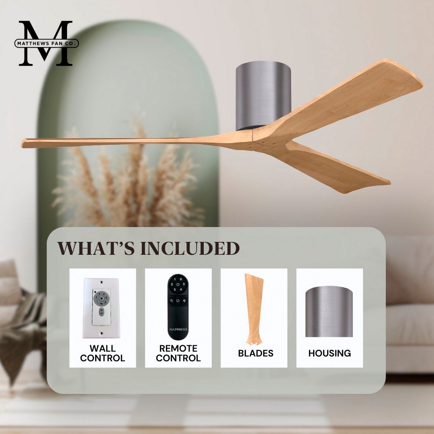 Irene.3H 72"W 3 Blade Brushed Pewter Paddle Fan w/ Light Maple Blades