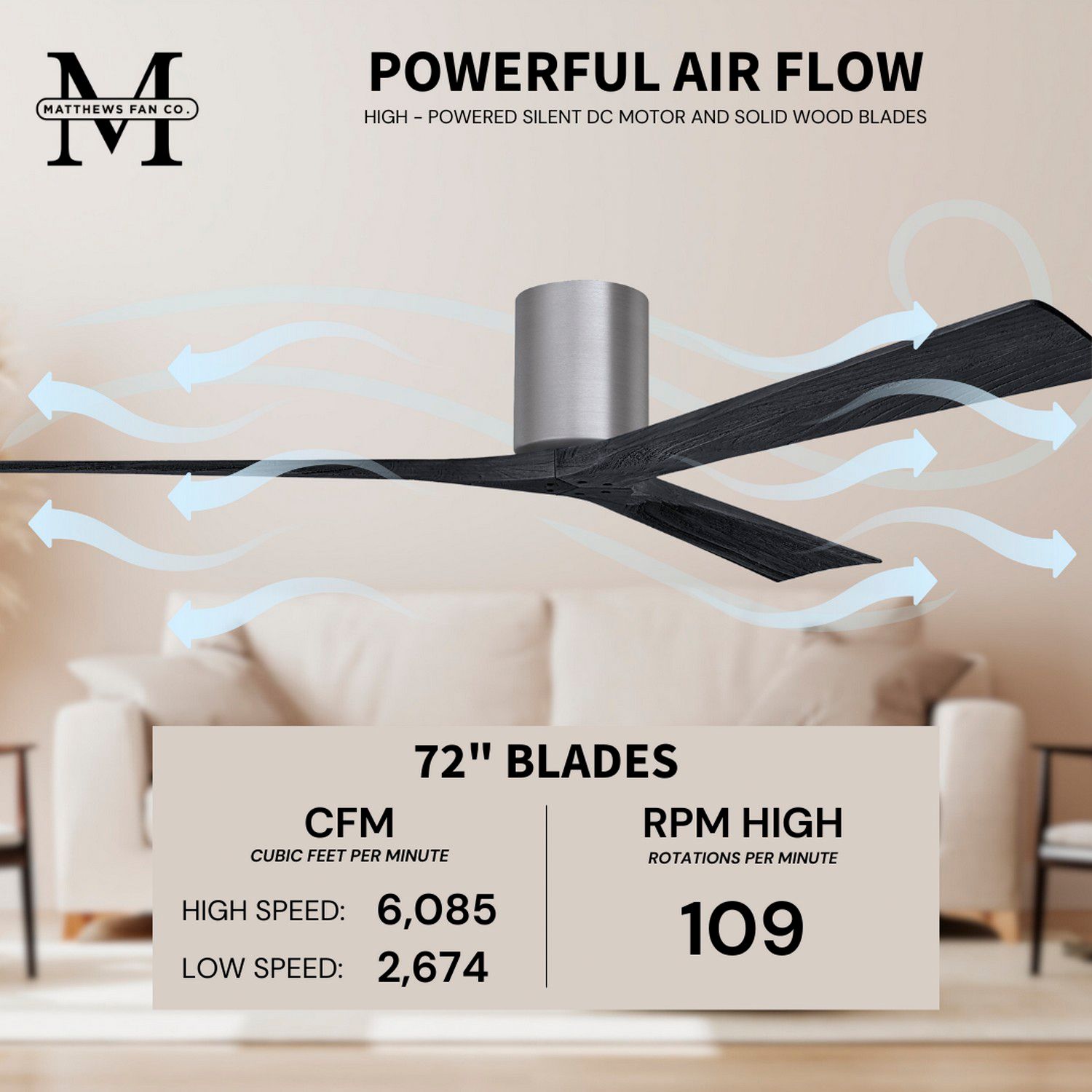 Irene.3H 72"W 3 Blade Brushed Pewter Paddle Fan w/ Matte Black Blades