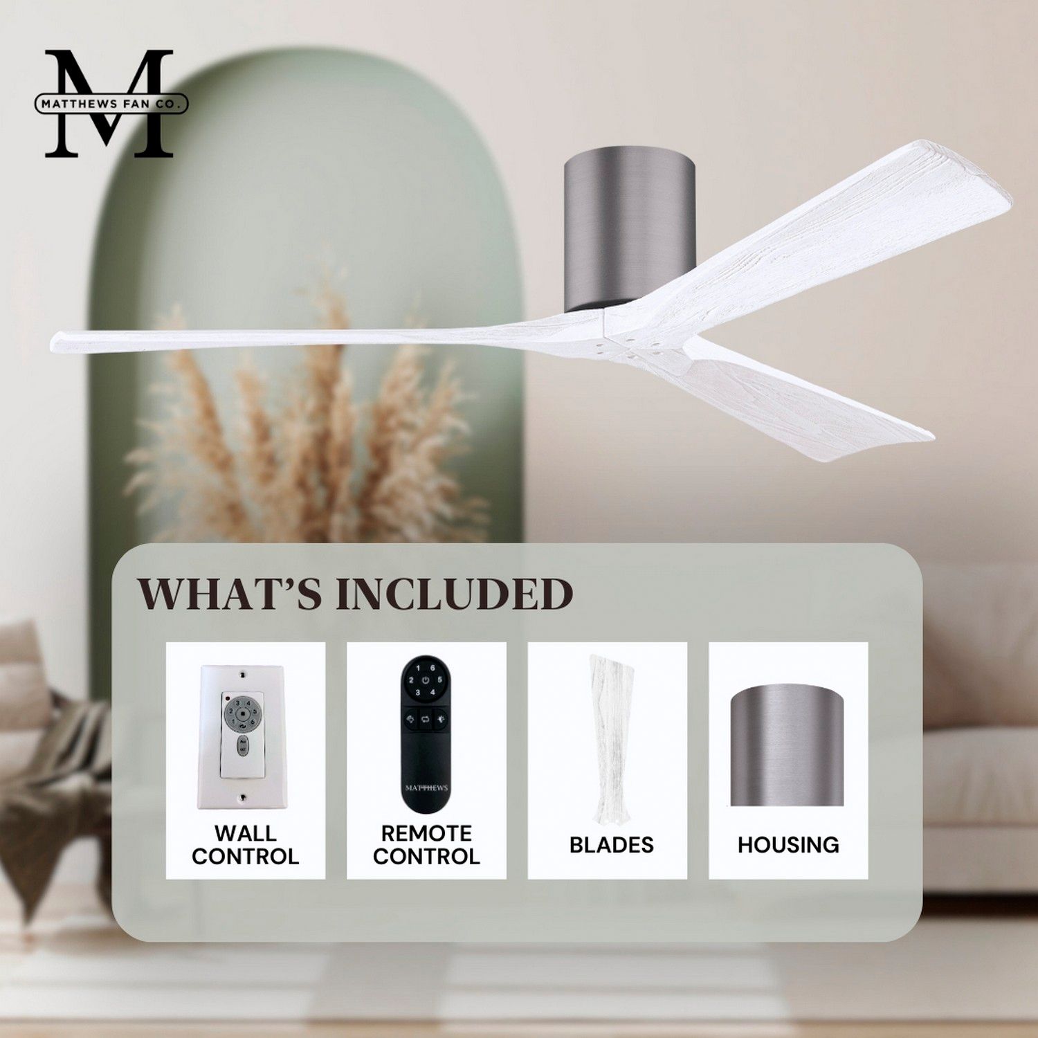 Irene.3H 72"W 3 Blade Brushed Pewter Paddle Fan w/ Matte White Blades