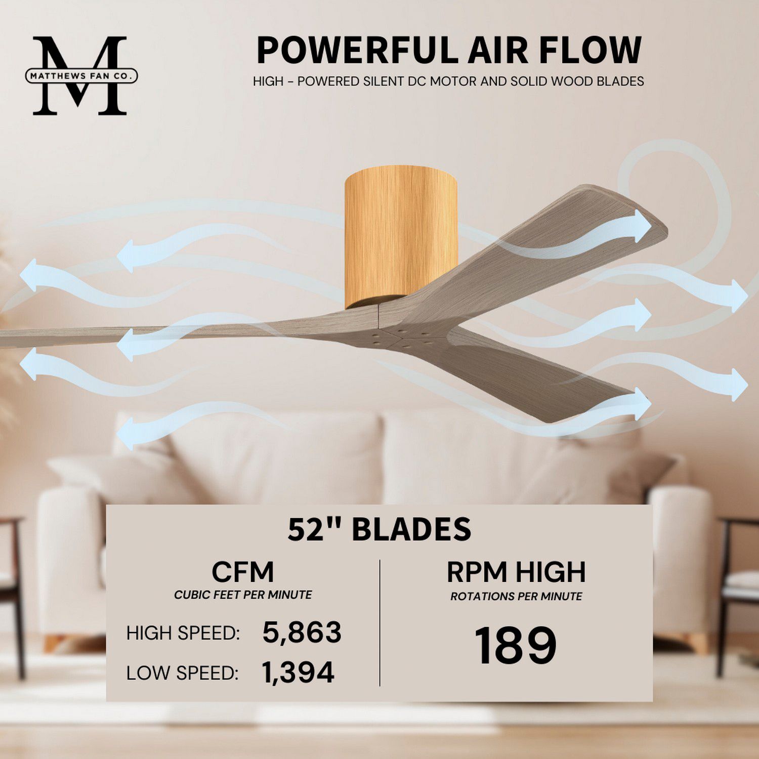 Irene.3H 72"W 3 Blade Light Maple Paddle Fan w/ Gray Ash Tone Blades