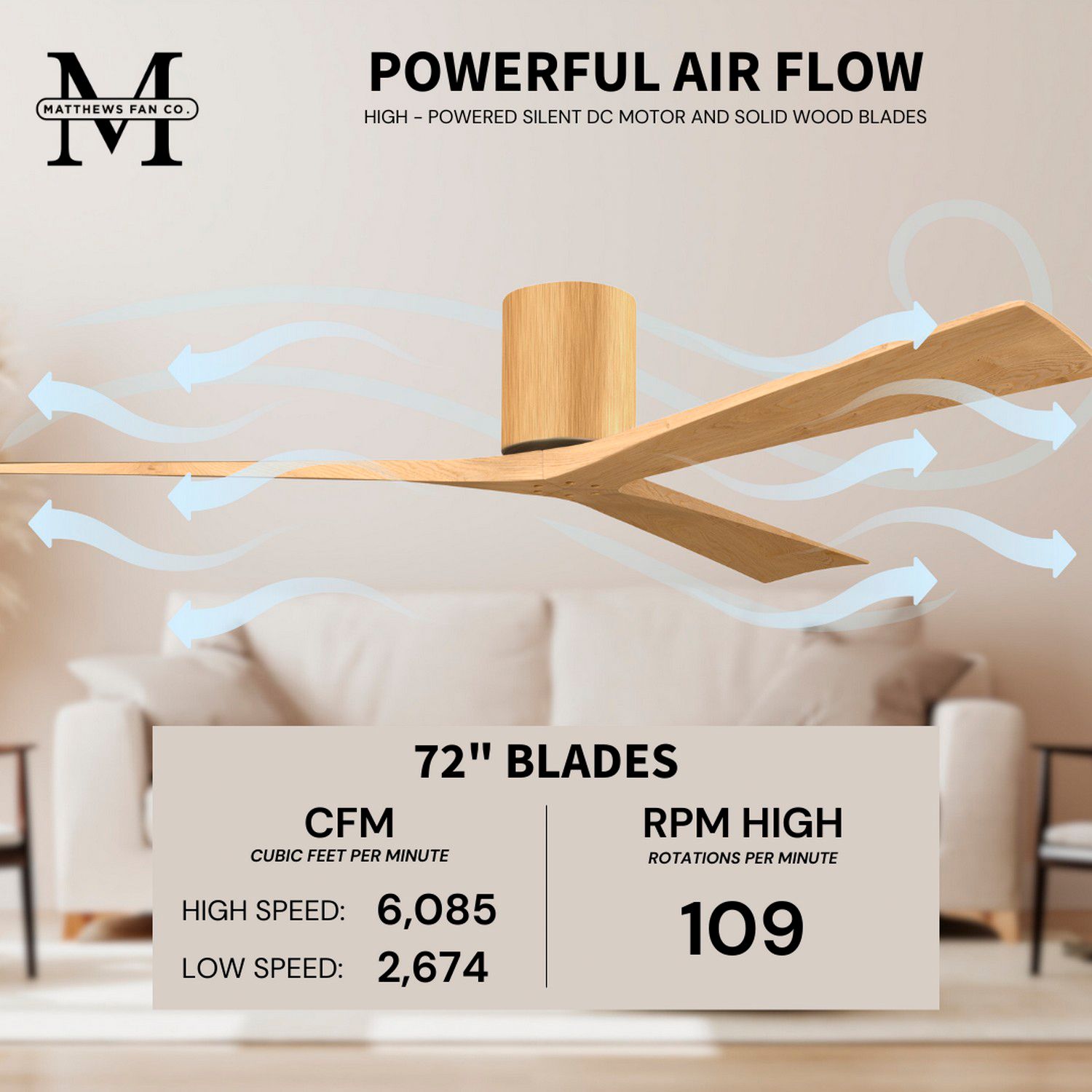 Irene.3H 72"W 3 Blade Light Maple Paddle Fan w/ Light Maple Blades