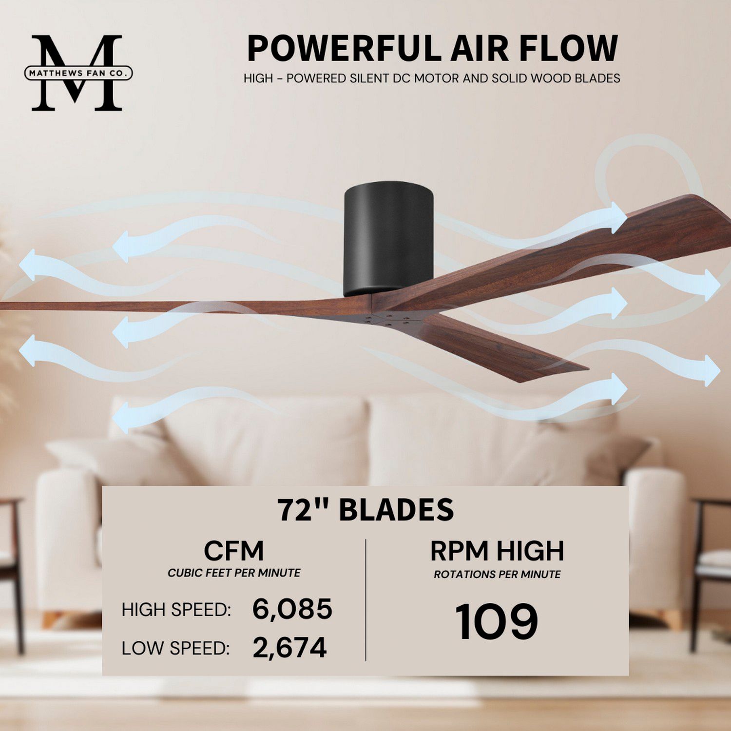 Irene.3H 72"W 3 Blade Matte Black Paddle Fan w/ Walnut Tone Blades