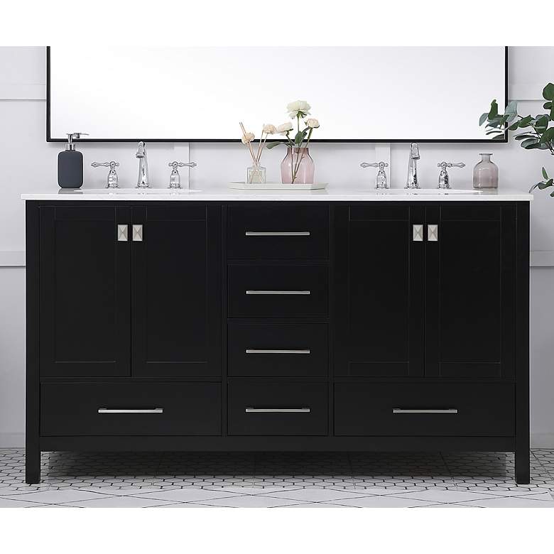 Image 1 Irene 60" Wide Black 6-Drawer Double Sink Bathroom Vanity