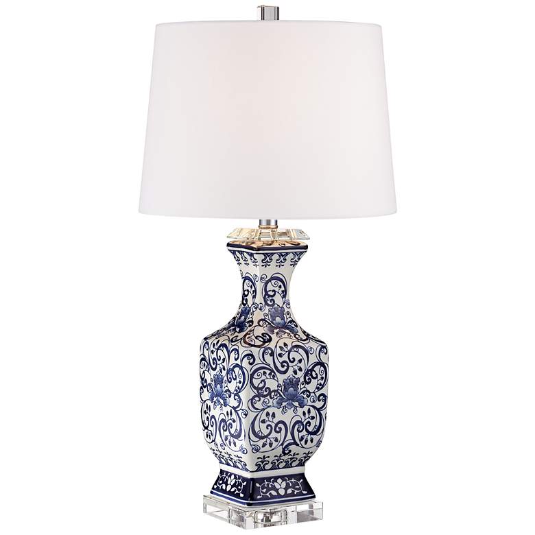 Image 3 Iris Blue and White Porcelain and Crystal Table Lamp