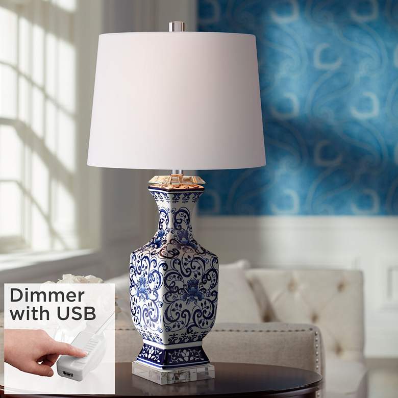 Image 1 Iris Blue And White Porcelain Crystal Table Lamp With USB Dimmer