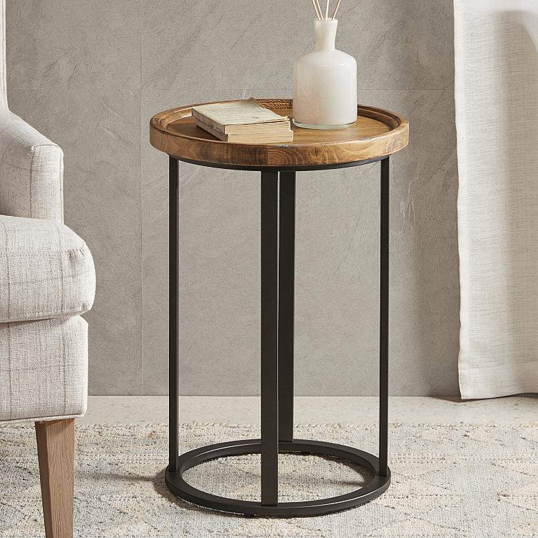 Image 1 Irisa 16 inch Wide Reclaimed Oak Black Iron Round Accent Table