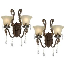 Iron Leaf 17&quot; Wide Bronze and Crystal Wall Sconce Set of 2