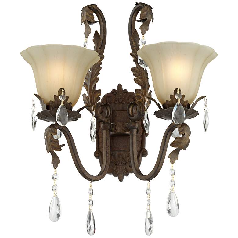 Iron Leaf 17 inch Wide Bronze and Crystal Wall Sconce