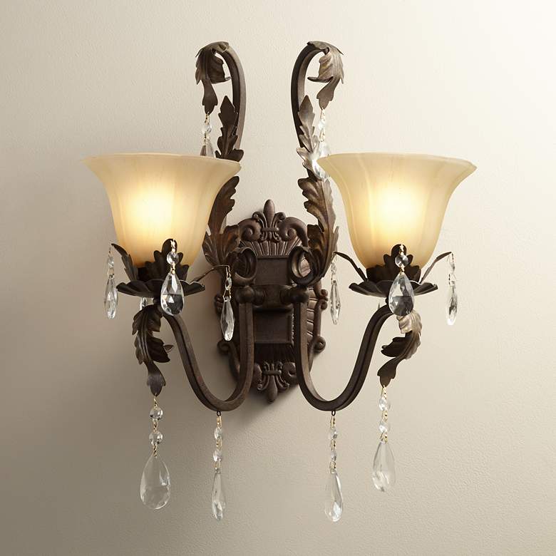 Iron Leaf 17&quot; Wide Bronze and Crystal Wall Sconce