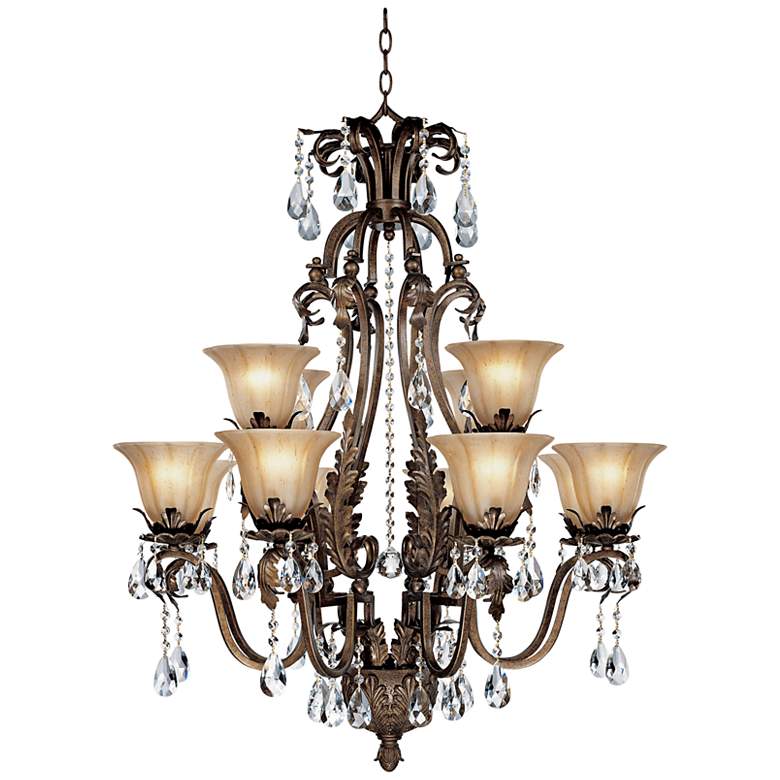 Iron Leaf 34&quot; Wide Bronze and Crystal 12-Light Chandelier
