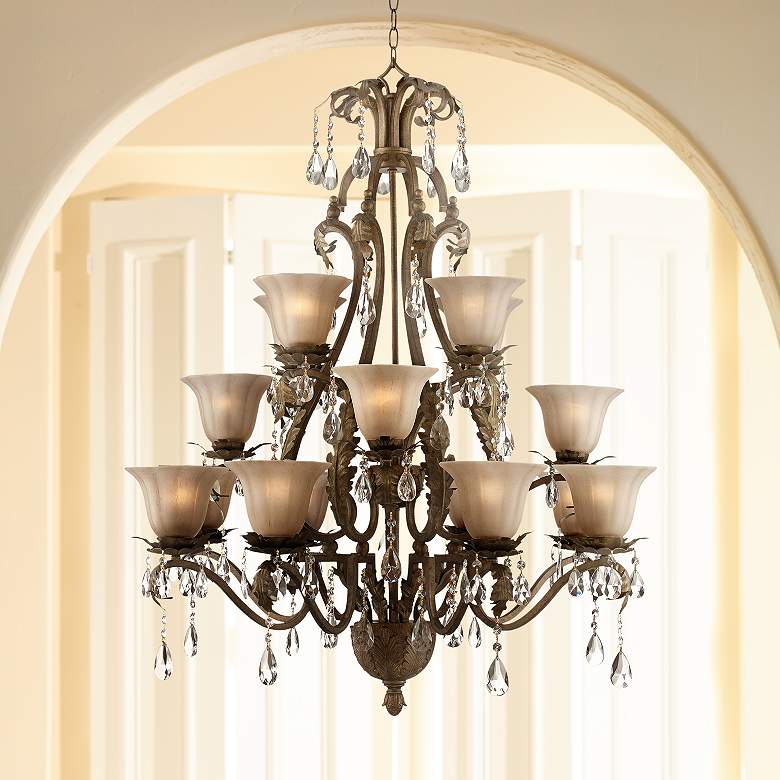 Iron Leaf 39&quot; Wide Roman Bronze and Crystal Chandelier
