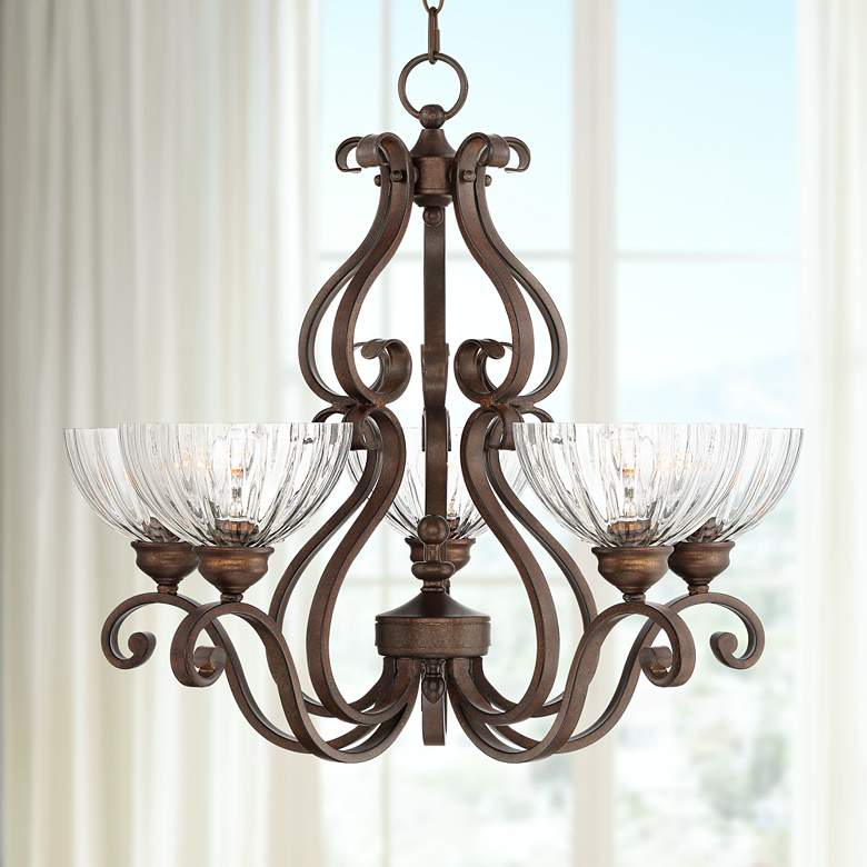 Image 1 Iron Scroll 27 inchW Bronze and Clear Glass 5-Light Chandelier