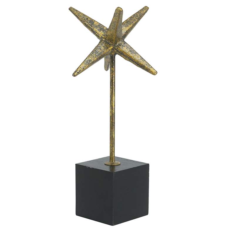 Image 1 Iron Starburst Sculpture with Wooden Block Base Gold/Black 3x3x12.5"
