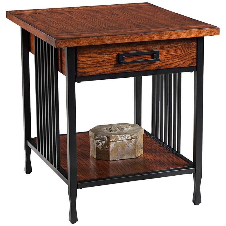 Image 1 Ironcraft 24 inch Wide Metal and Mission Oak Drawer End Table