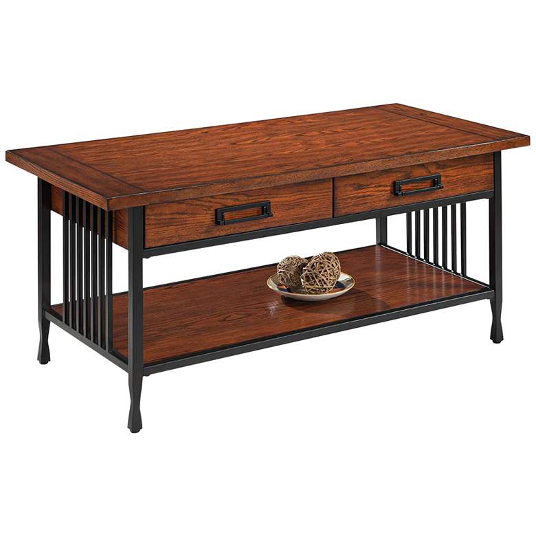 Image 2 Ironcraft 46 inch Wide Metal and Oak Top 2-Drawer Coffee Table