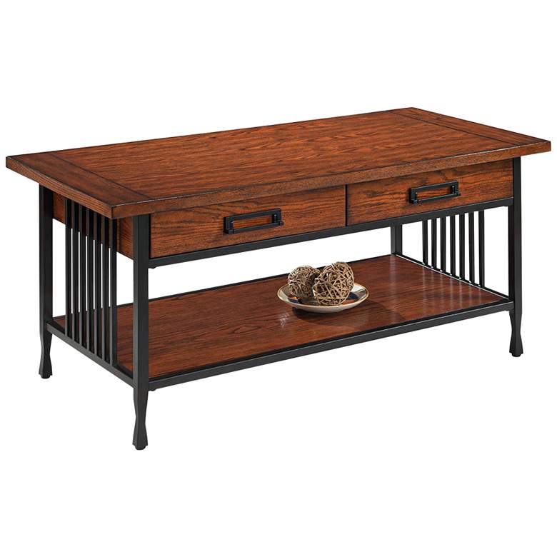 Image 2 Ironcraft 46" Wide Metal and Oak Top 2-Drawer Coffee Table