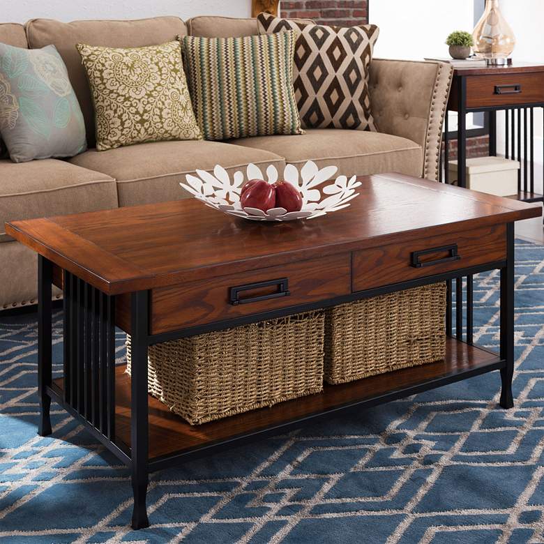 Image 1 Ironcraft 46" Wide Metal and Oak Top 2-Drawer Coffee Table
