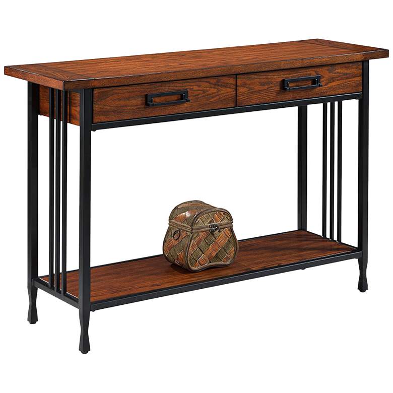 Image 2 Ironcraft 46" Wide Metal and Oak Top 2-Drawer Sofa Table