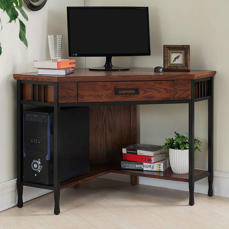 Image 1 Ironcraft 48" Wide Mission Oak Corner Computer Writing Desk