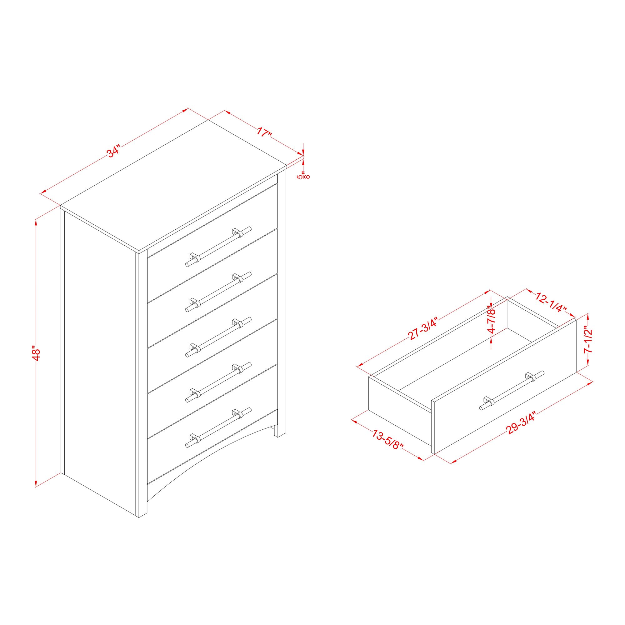 Irvine 34" Wide Walnut Wood 5-Drawer Chest